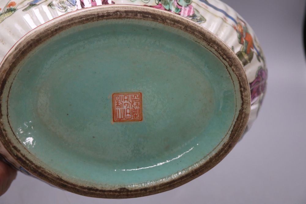 A Chinese famille rose lozenge bowl, length 26cm